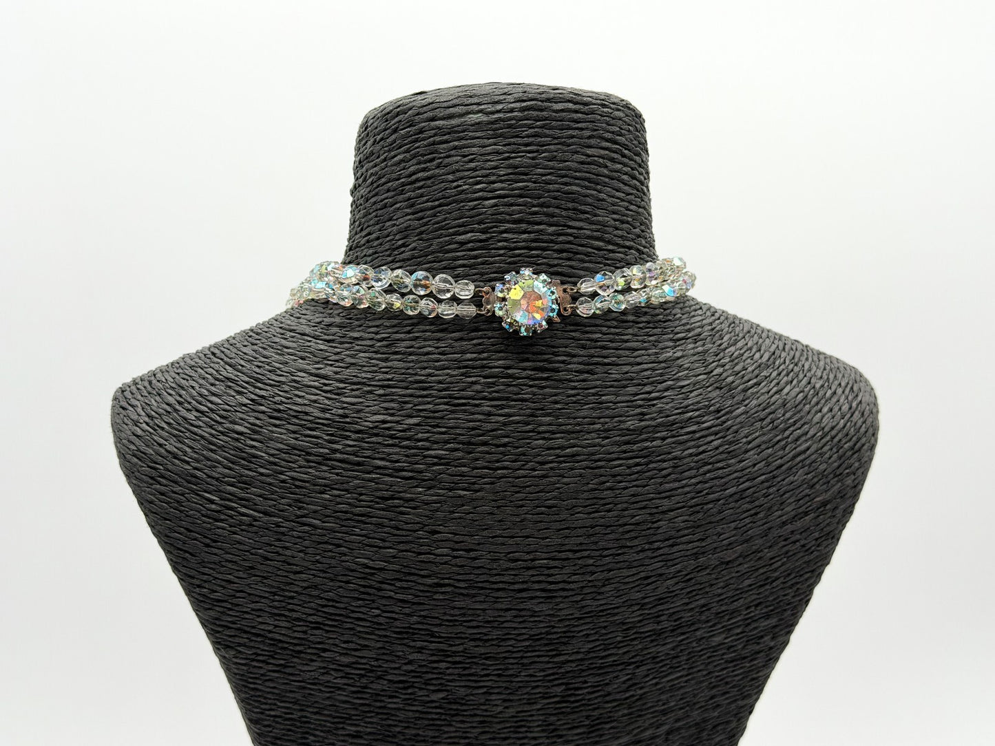 Vintage Aurora Borealis Crystal Glass Double Strand Necklace Rhinestone Clasp