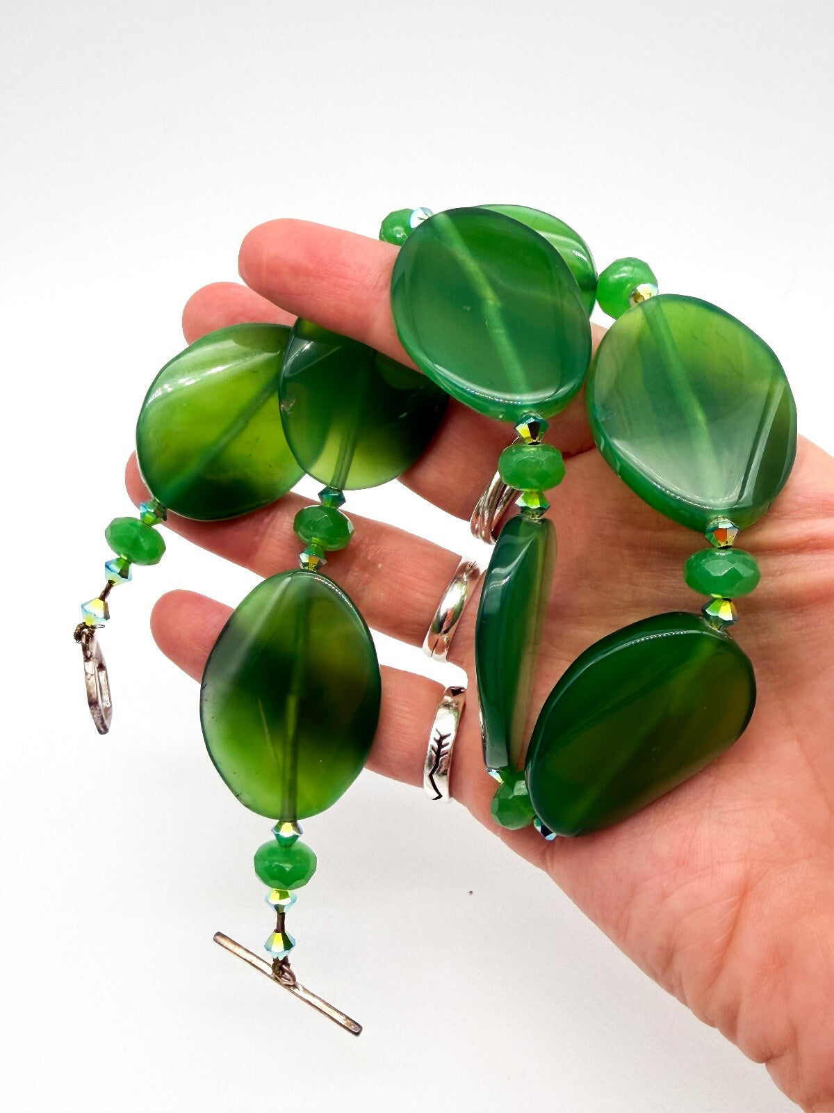 Chunky Green Agate Statement Necklace Faceted Glass Aurora Borealis Beads