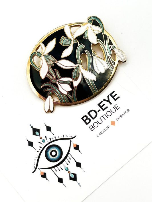 Vintage Fish & Crown Cloisonné Enamel White Floral Snowdrop Brooch Gold Tone Pin