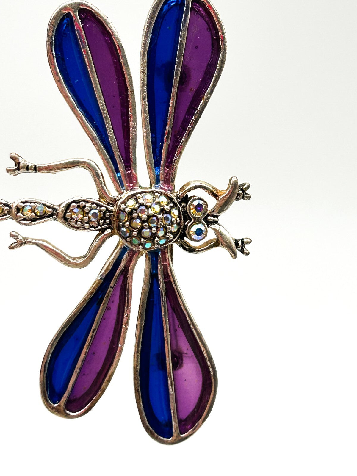 Vintage Purple Enamel Dragonfly Brooch AB Rhinestone Glass Figural Statement