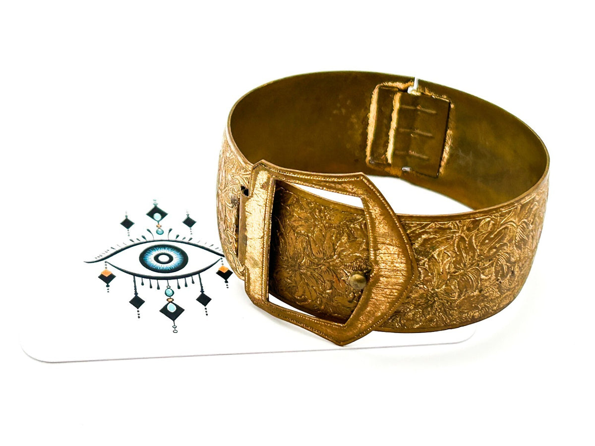 Vintage Ornate Gold Tone Buckle Bangle Embossed Floral Bracelet