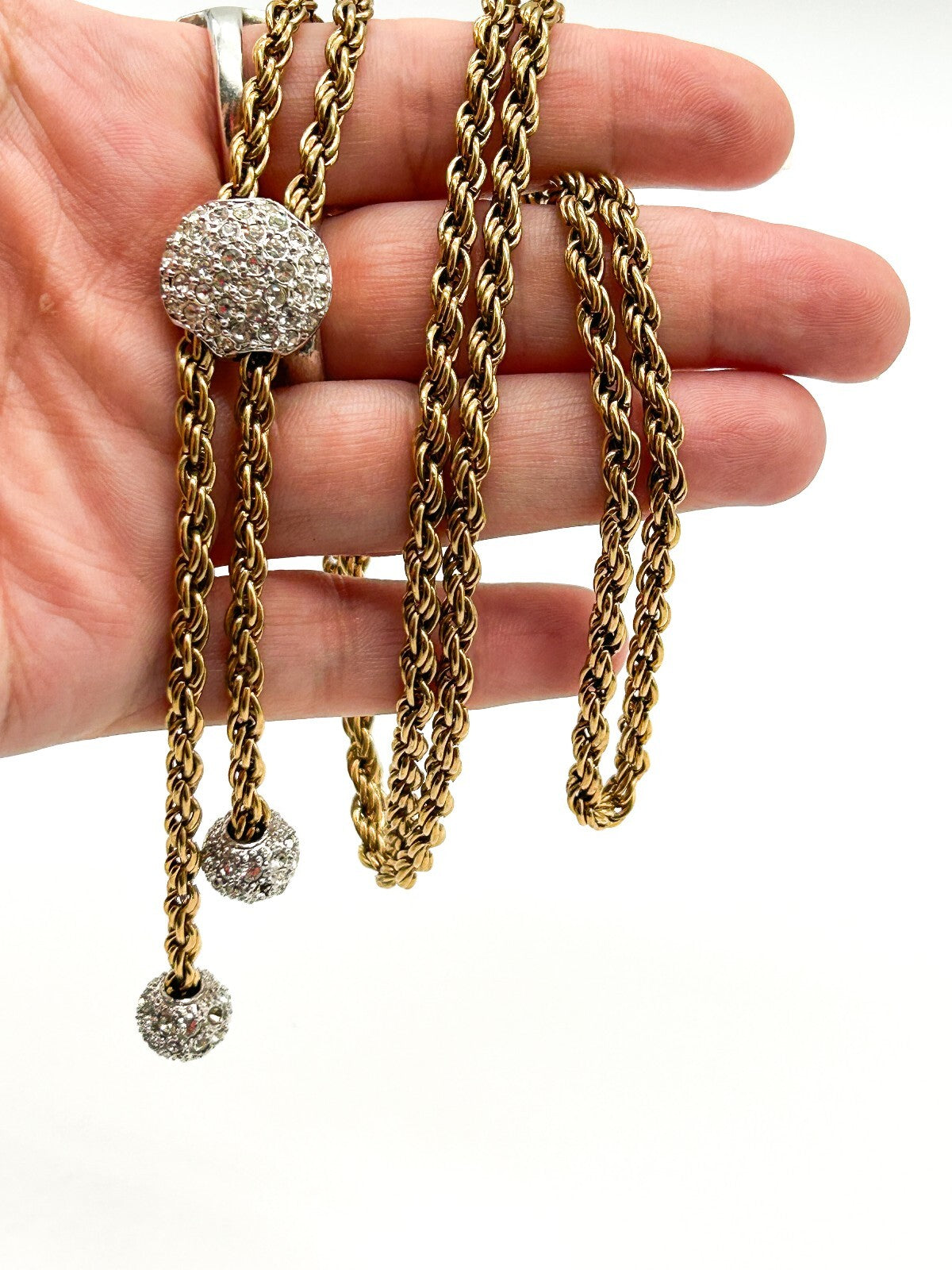 Vintage Gold Tone Rhinestone Bolo Necklace Twisted Rope Chain Adjustable Tassel