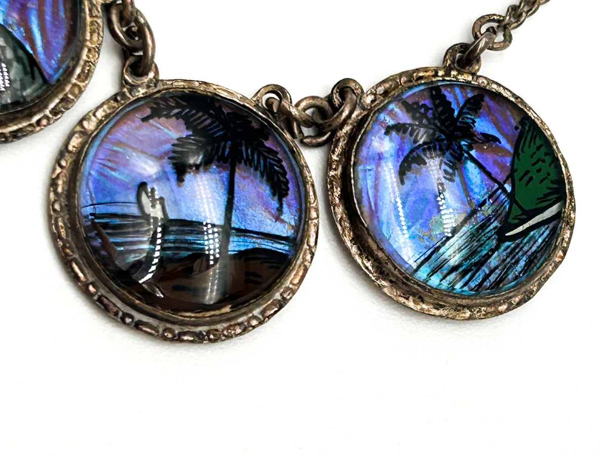 Morpho Butterfly Wing Necklace Tropical Painted Bubble Glass Brazil 1920s-1930s