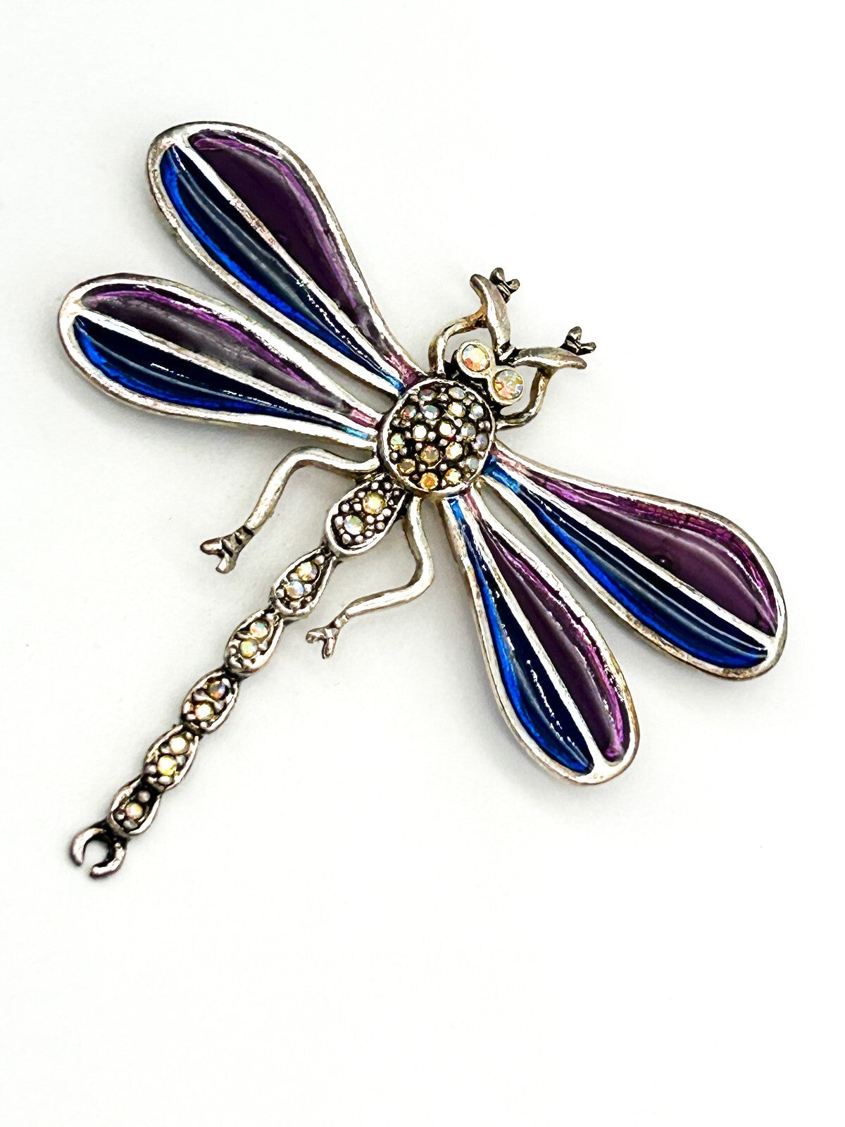 Vintage Purple Enamel Dragonfly Brooch AB Rhinestone Glass Figural Statement