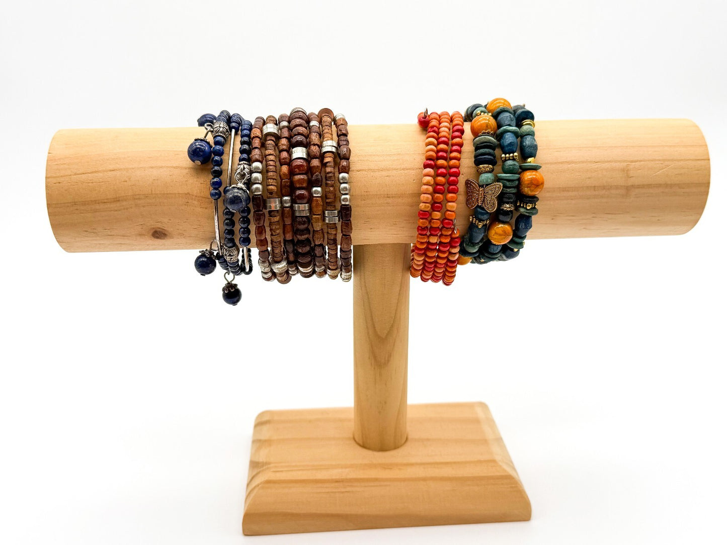 Boho Memory Wire Bracelet Bundle Set 4 Lapis Lazuli Wood Beaded Stack Bracelets