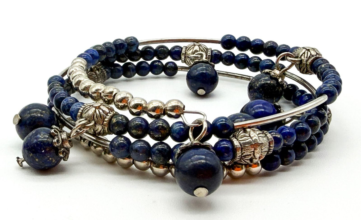 Boho Memory Wire Bracelet Bundle Set 4 Lapis Lazuli Wood Beaded Stack Bracelets