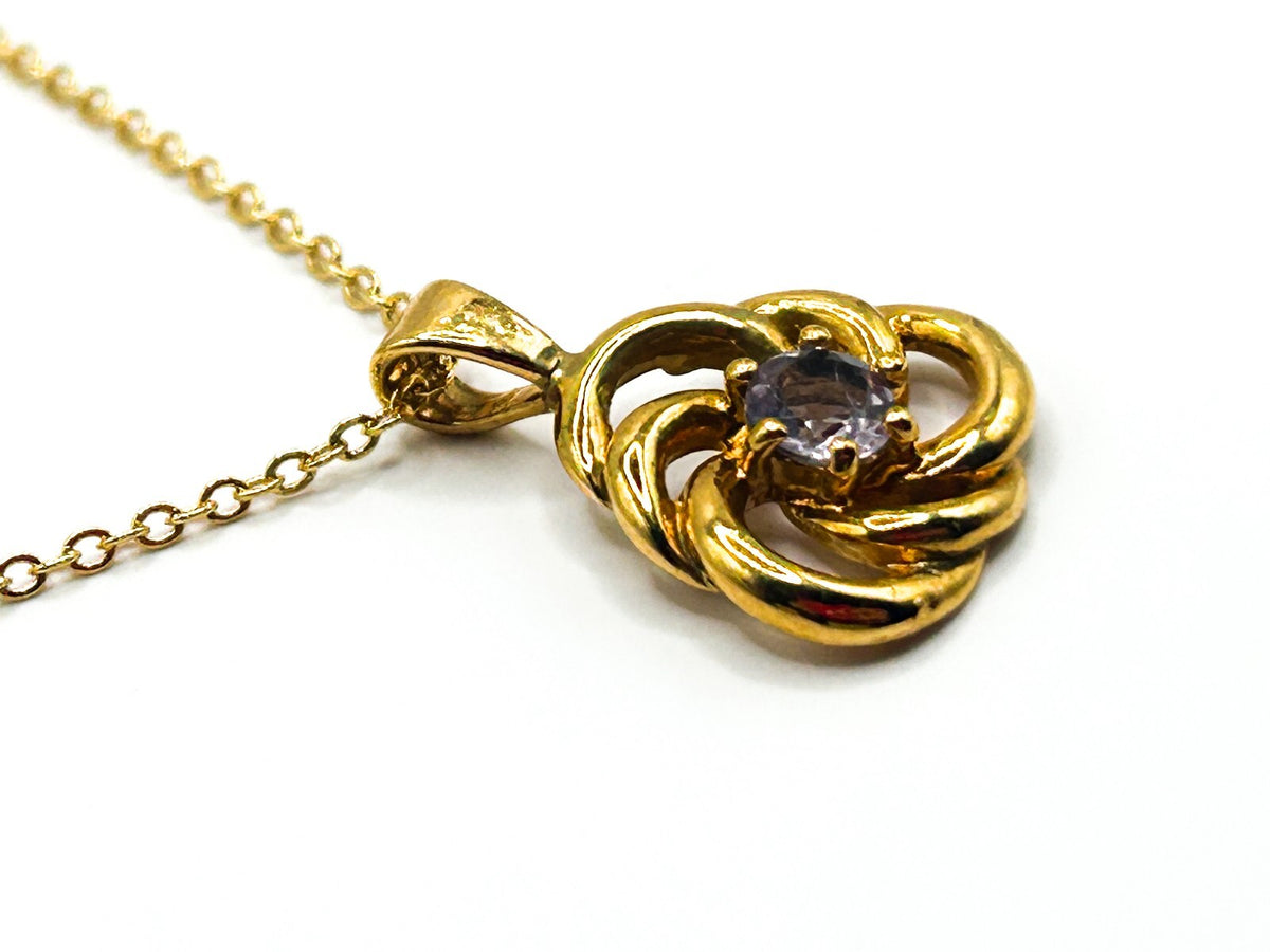 Amethyst Gemstone Swirl Pendant Necklace Gold Tone Fine Chain 17.5”