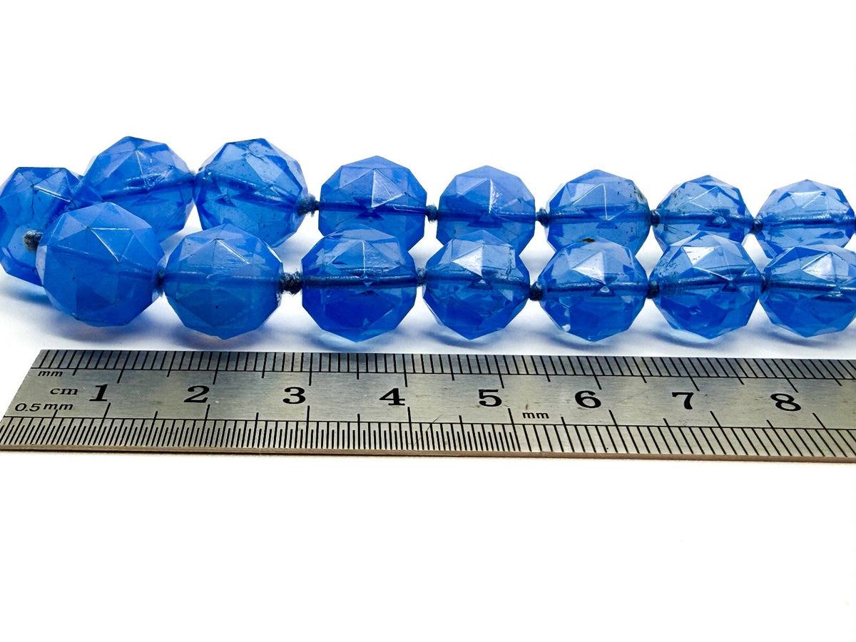 Vintage Long Blue Faceted Glass Bead Necklace Hand Knotted Continuous Strand