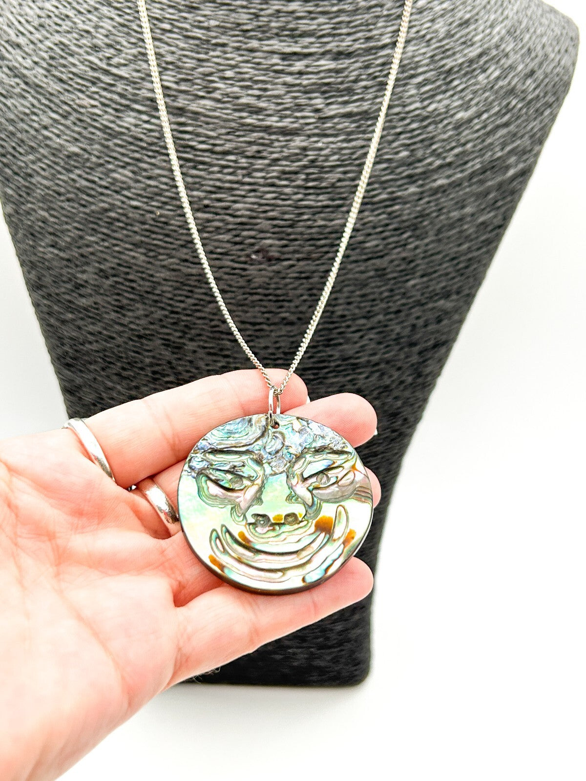 Carved Natural Paua Abalone Shell Face Pendant Necklace Iridescent Statement