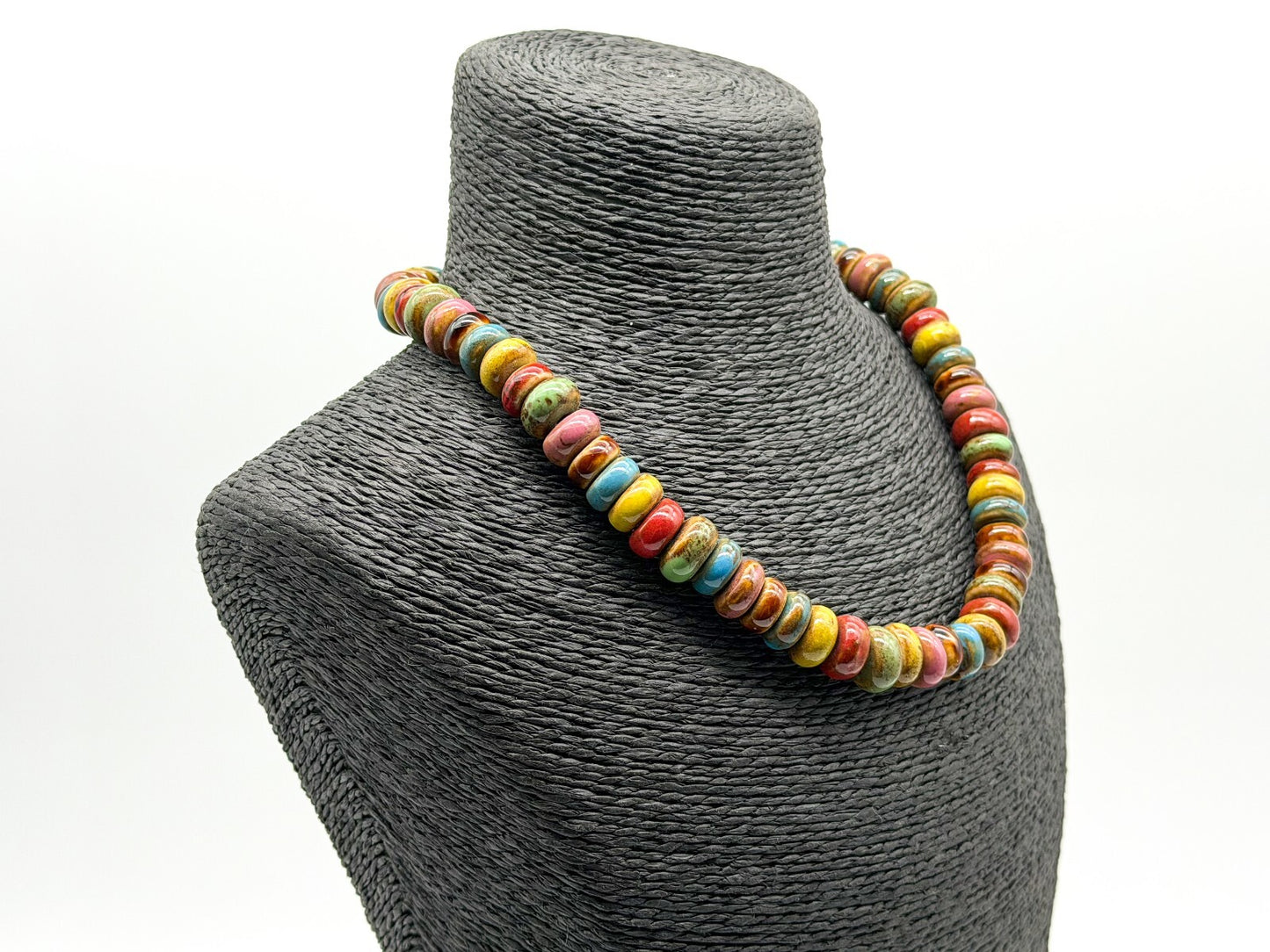 Multicolour Glazed Ceramic Disc Necklace Artisan Boho Statement Toggle Earthy