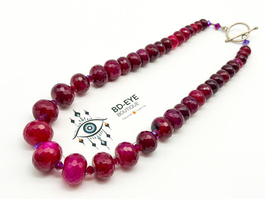 Chunky Ruby Red Quartz Necklace Faceted Magenta Gemstone Statement Toggle Clasp