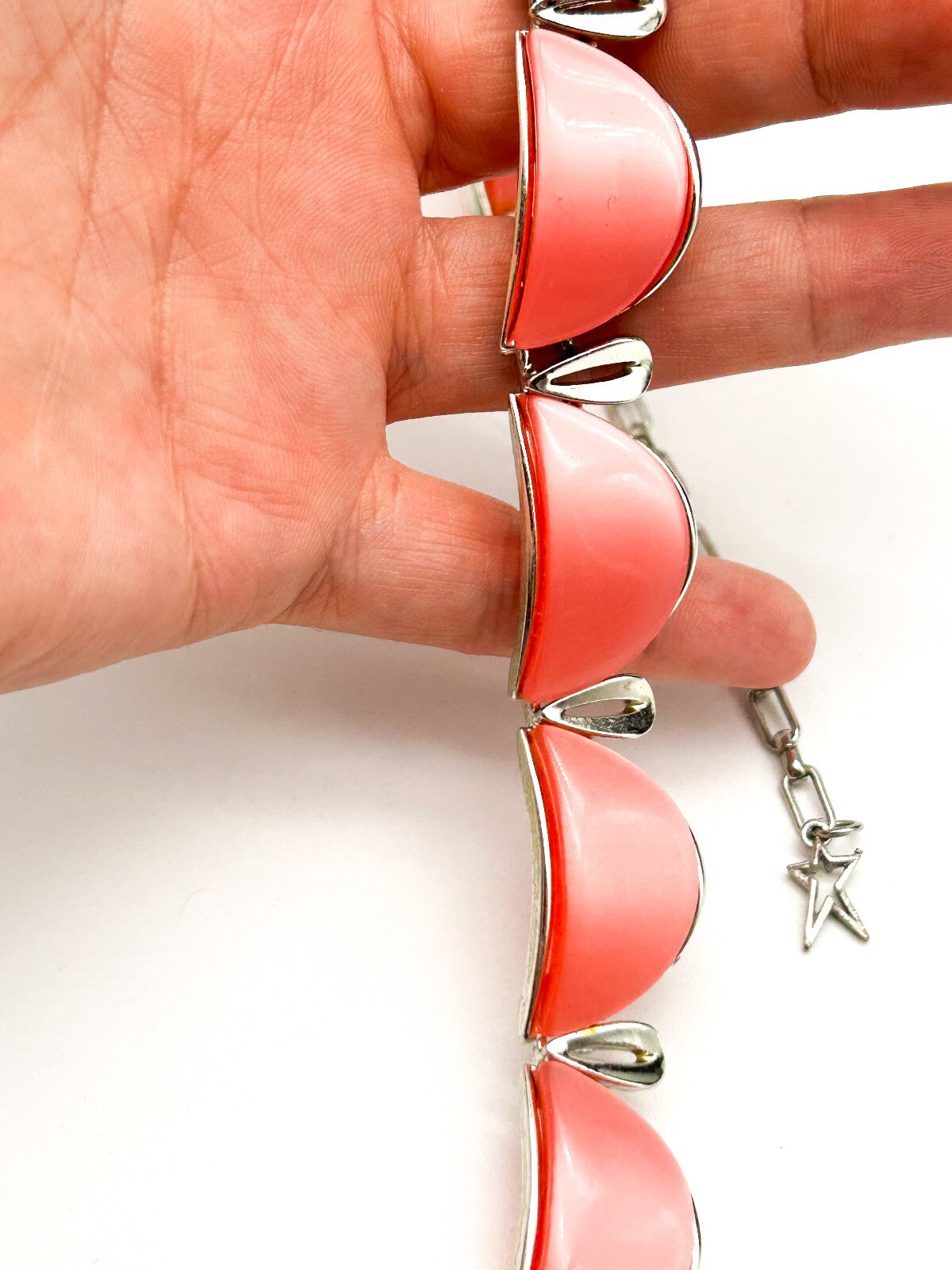 Vintage Star Signed Pink Thermoset Lucite Necklace 1950s Silver Tone Collar