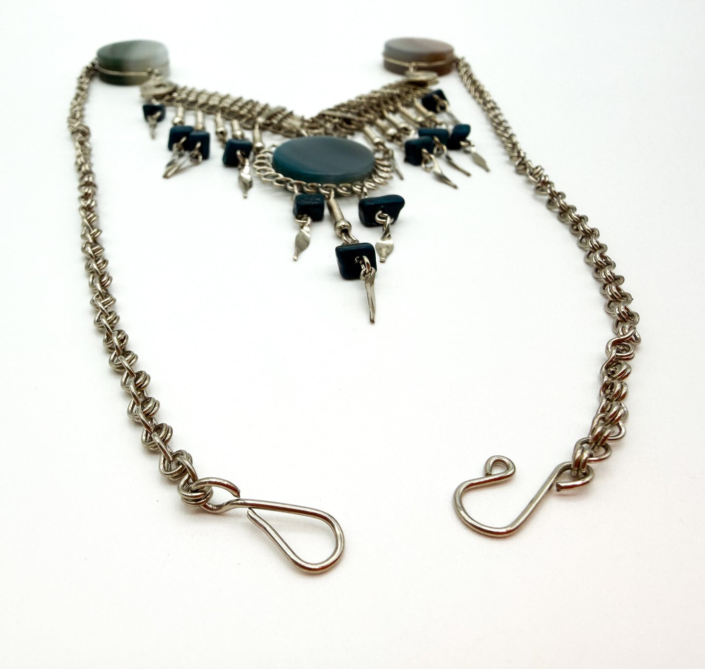 Peruvian Alpaca Silver Agate Lapis Lazuli Statement Necklace 17.5”
