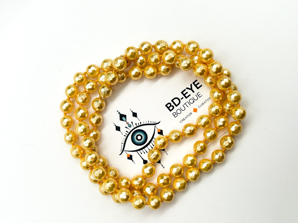 Vintage Yellow Glass Pearl Lustre Beaded Necklace Hand Knotted Long 29”