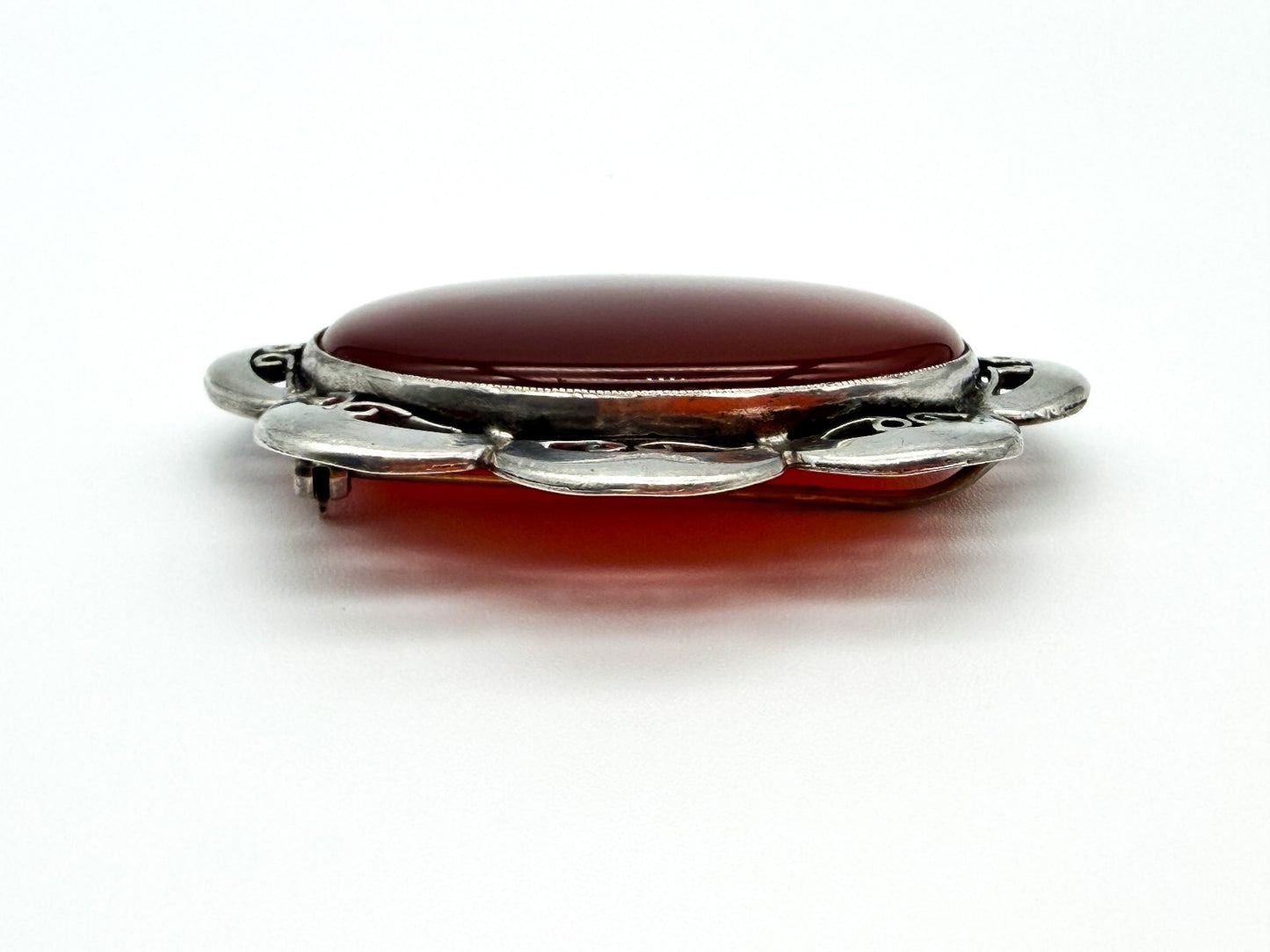Vintage Carnelian Silver Plated Statement Brooch Oval Gemstone Scalloped Pin