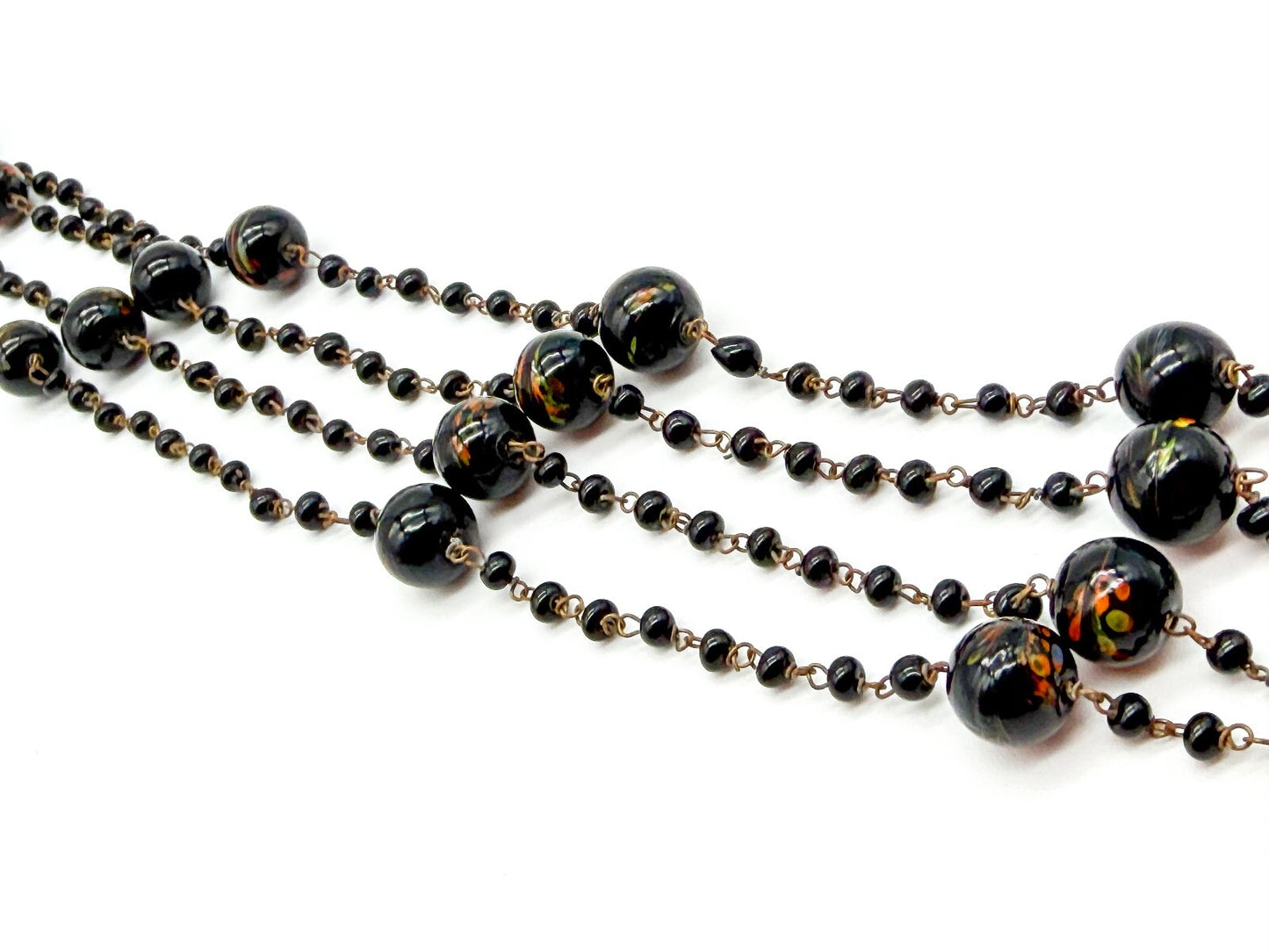 Vintage Murano Art Glass Flapper Necklace Black Orange Green Swirl Beads 26.5”