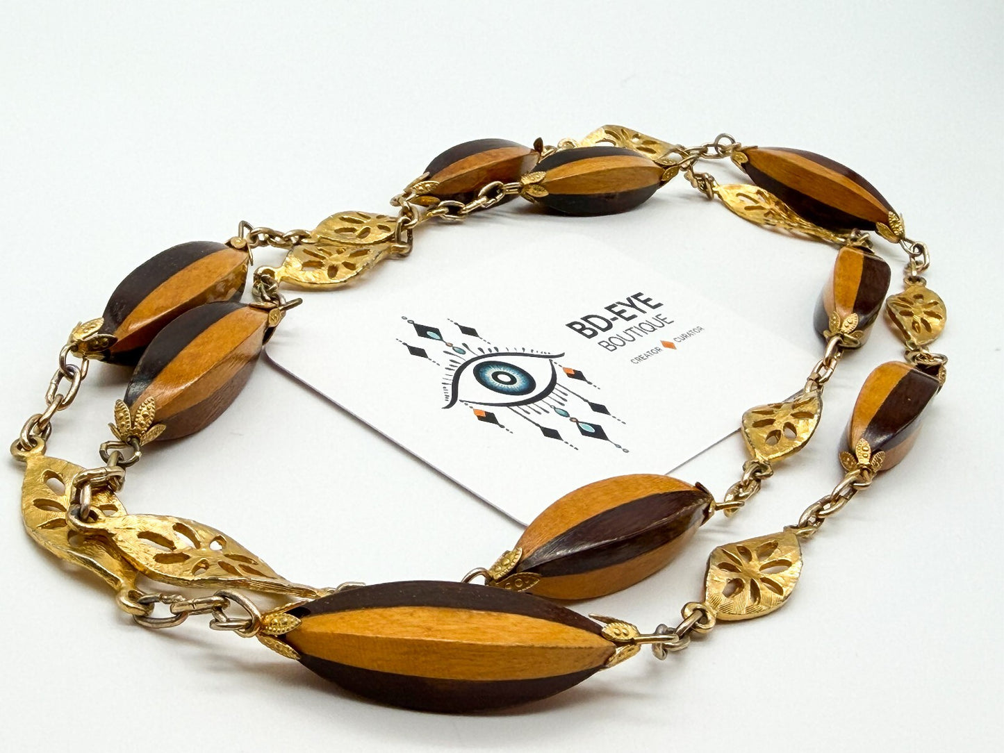 Vintage Two Tone Wood Necklace Gold Tone Openwork Floral Links Long