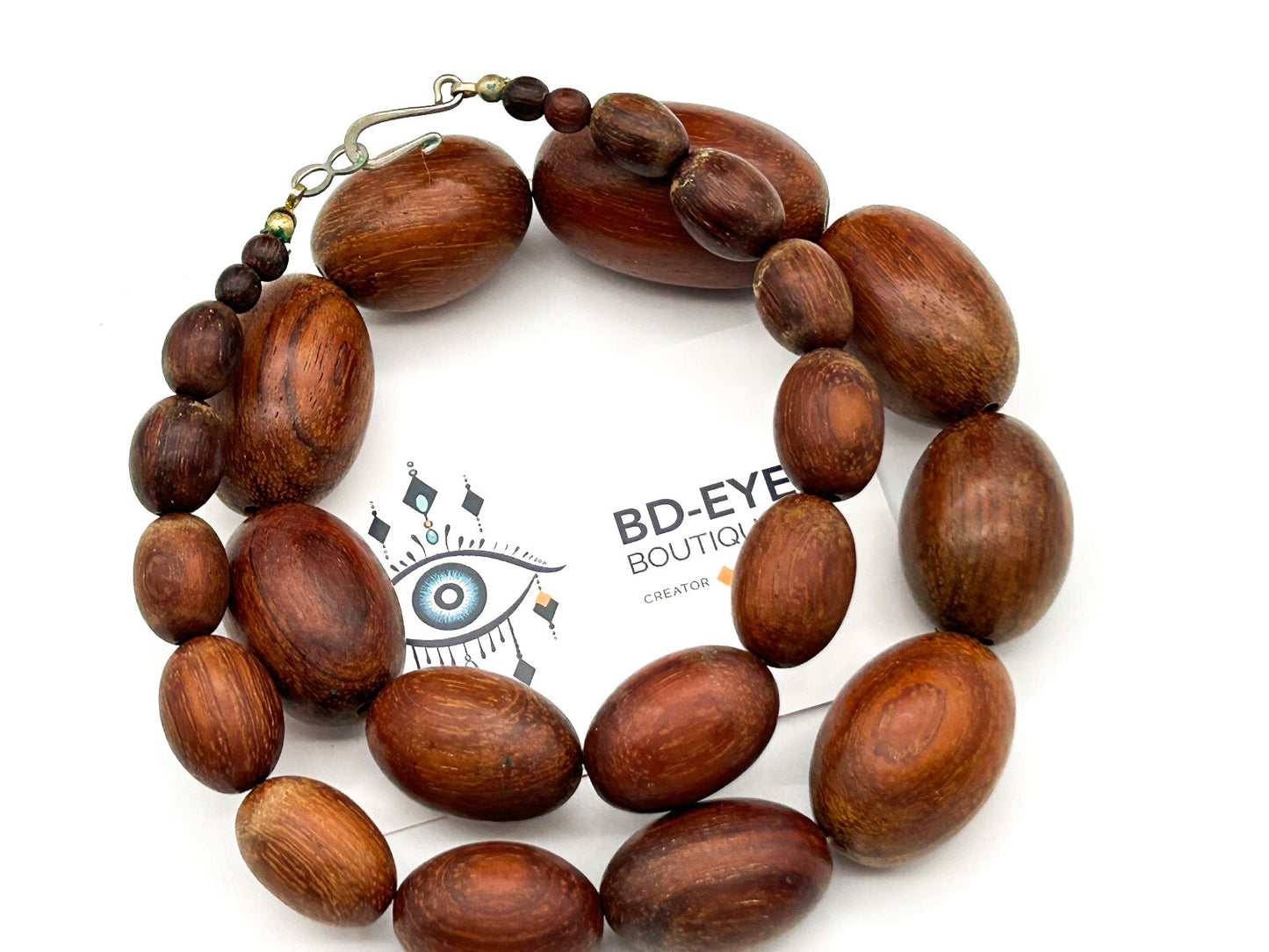 Vintage Chunky Wood Bead Necklace Graduated Oval Natural Wooden Beads