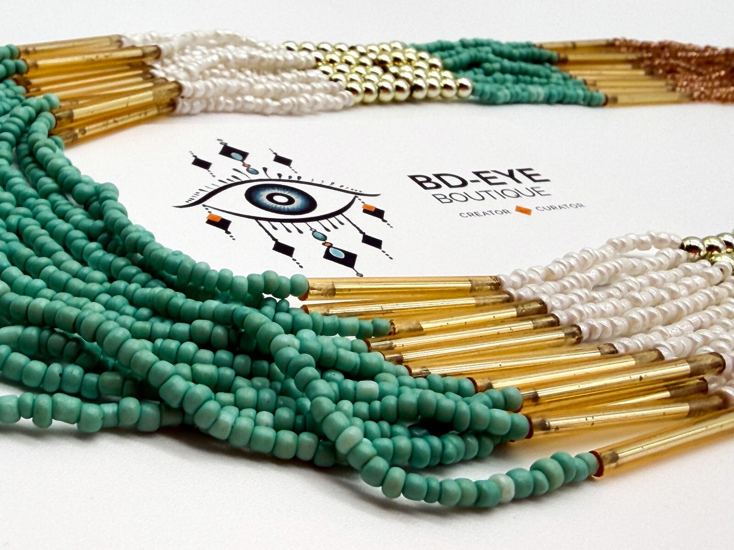 Boho Multi Strand Turquoise White Beaded Necklace Gold Tone Statement Festival