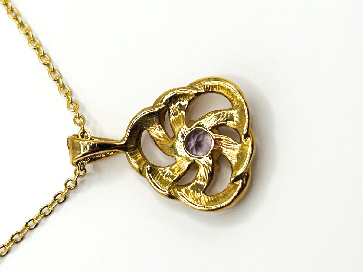 Amethyst Gemstone Swirl Pendant Necklace Gold Tone Fine Chain 17.5”