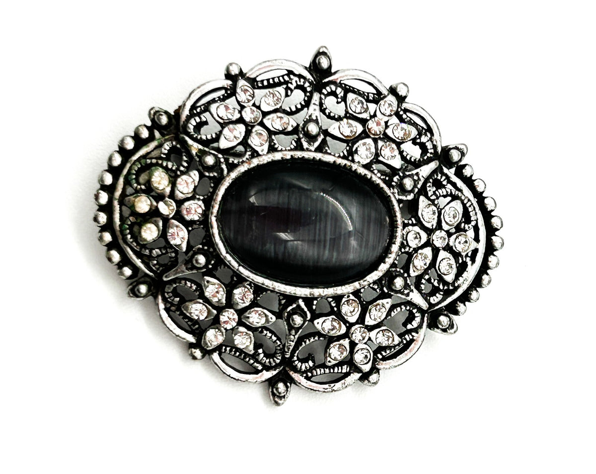 Vintage Style Ornate Cat’s Eye Brooch Grey Glass Cabochon Rhinestone Silver Tone