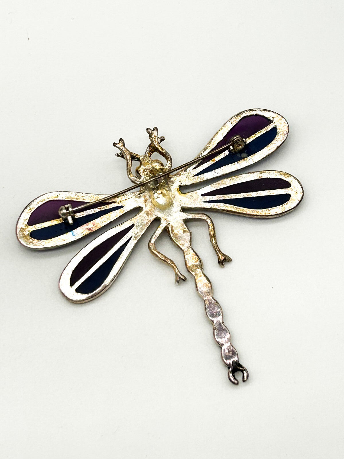 Vintage Purple Enamel Dragonfly Brooch AB Rhinestone Glass Figural Statement