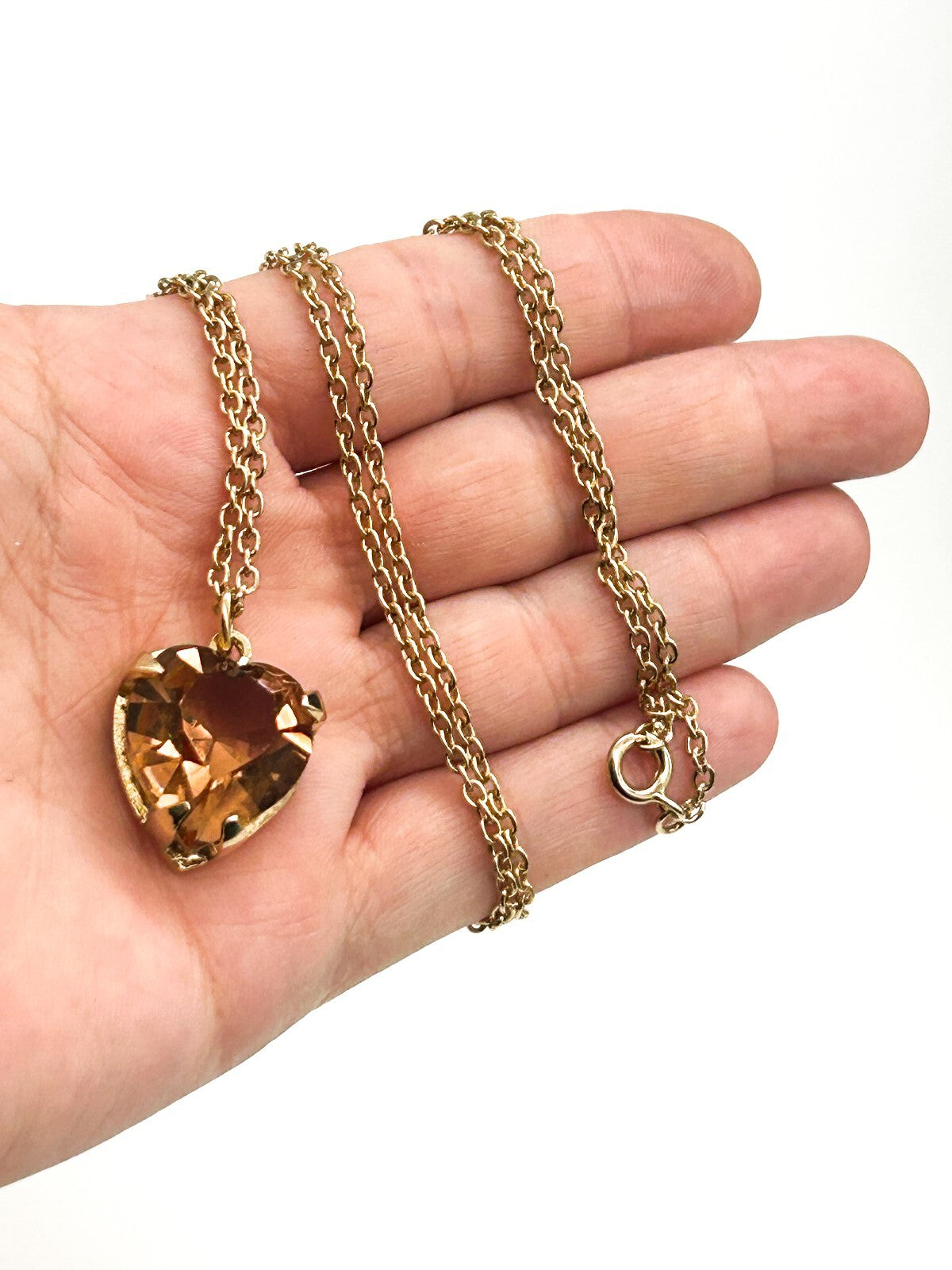 Vintage Gold Tone Smoky Amber Crystal Heart Pendant Necklace Faceted Glass 24”