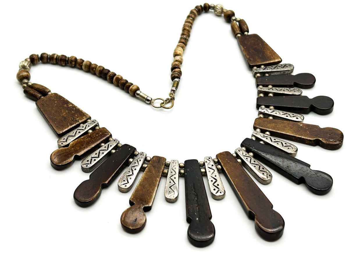 Vintage Boho Fringe Necklace Carved Organic Material Silver Tone Tribal Bib