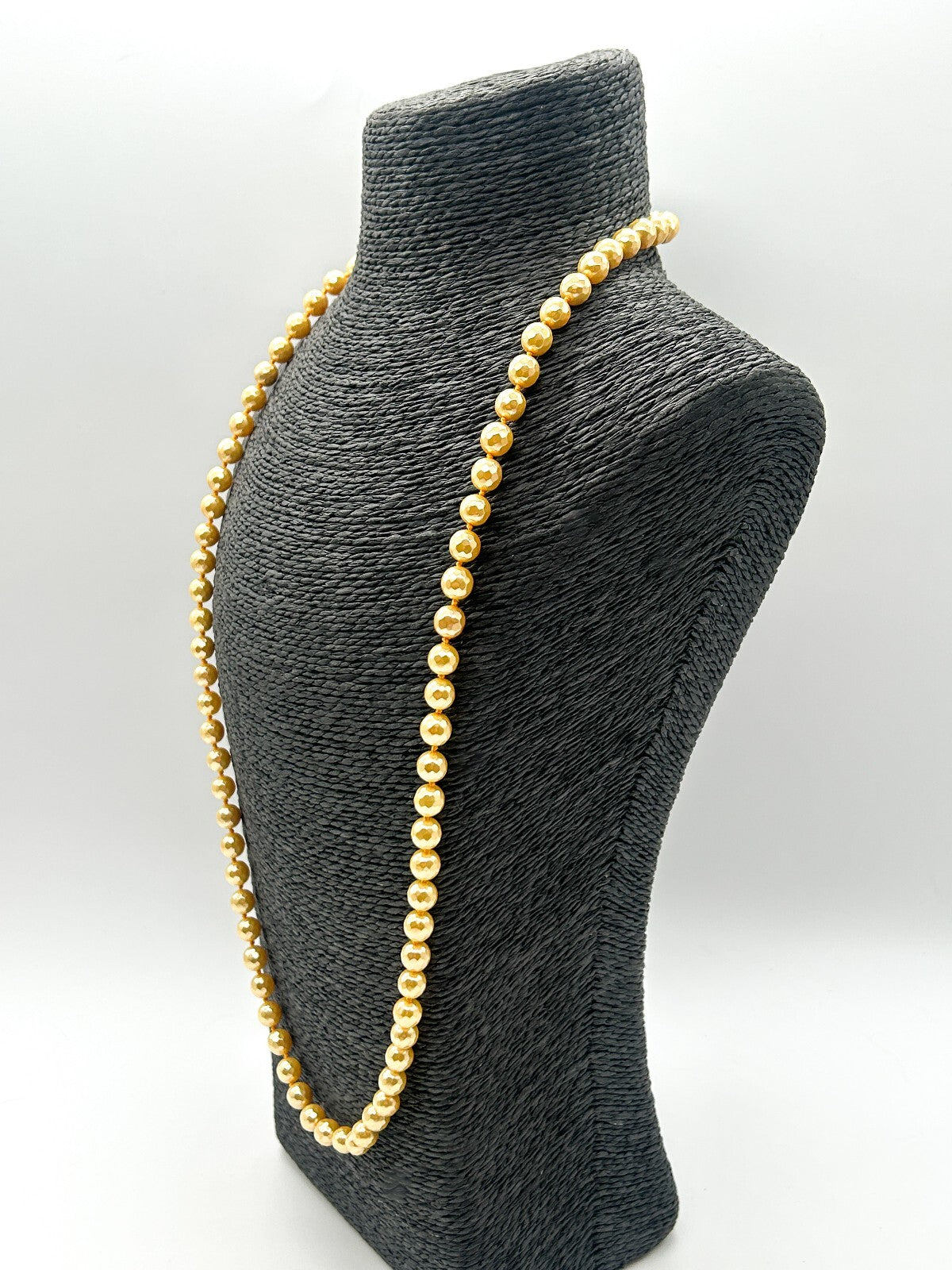 Vintage Yellow Glass Pearl Lustre Beaded Necklace Hand Knotted Long 29”