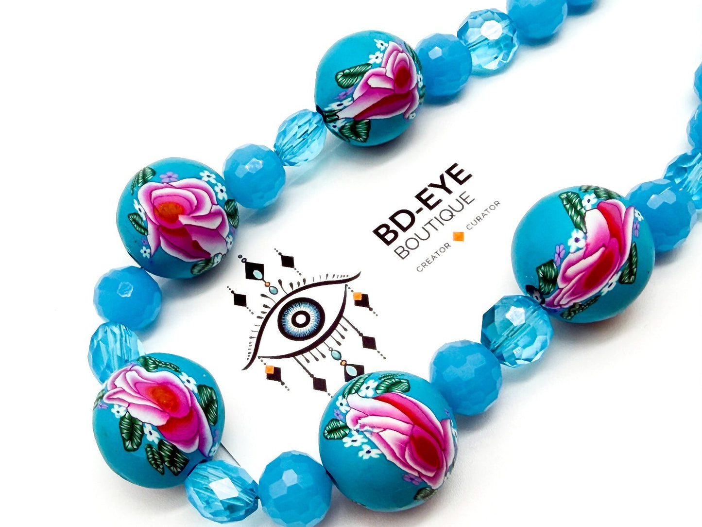 Blue Floral Statement Necklace Polymer Clay Rose Beads Faceted Glass Artisan