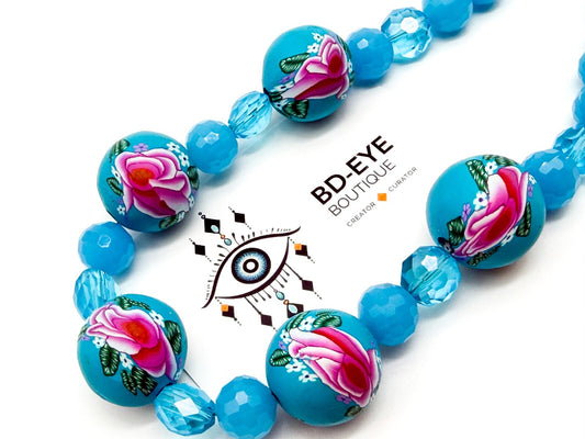 Blue Floral Statement Necklace Polymer Clay Rose Beads Faceted Glass Artisan
