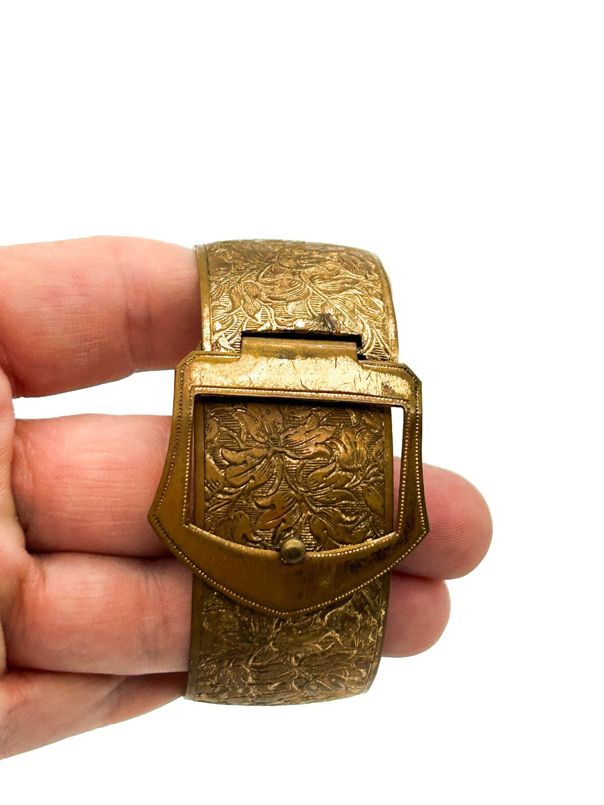 Vintage Ornate Gold Tone Buckle Bangle Embossed Floral Bracelet