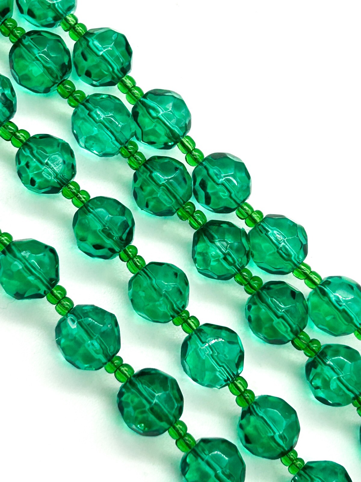 Long Emerald Green Faceted Glass Bead Necklace 39.5” Layering Statement Extender