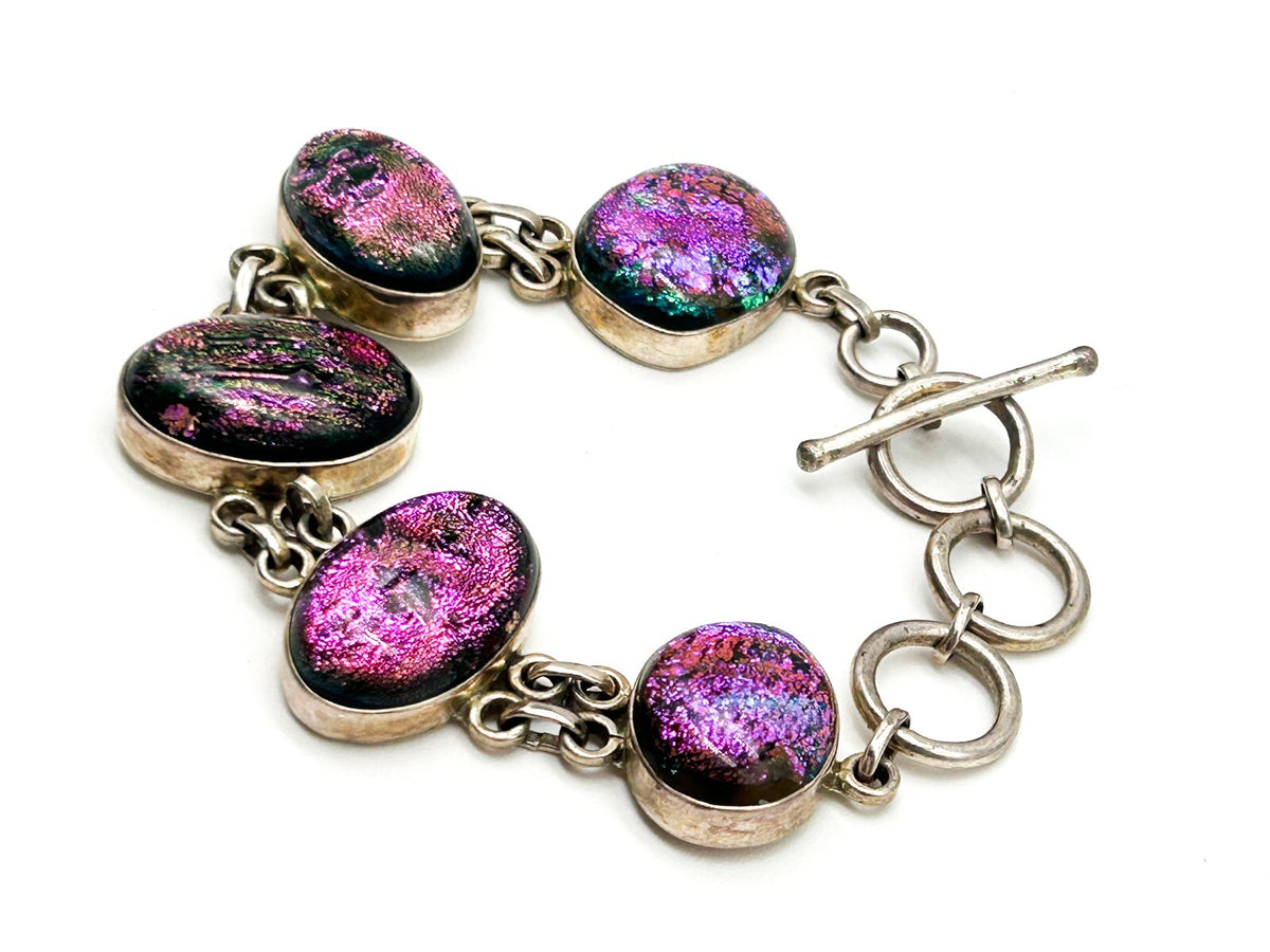 925 Sterling Silver Dichroic Glass Bracelet Purple Pink Artisan Panel Bracelet