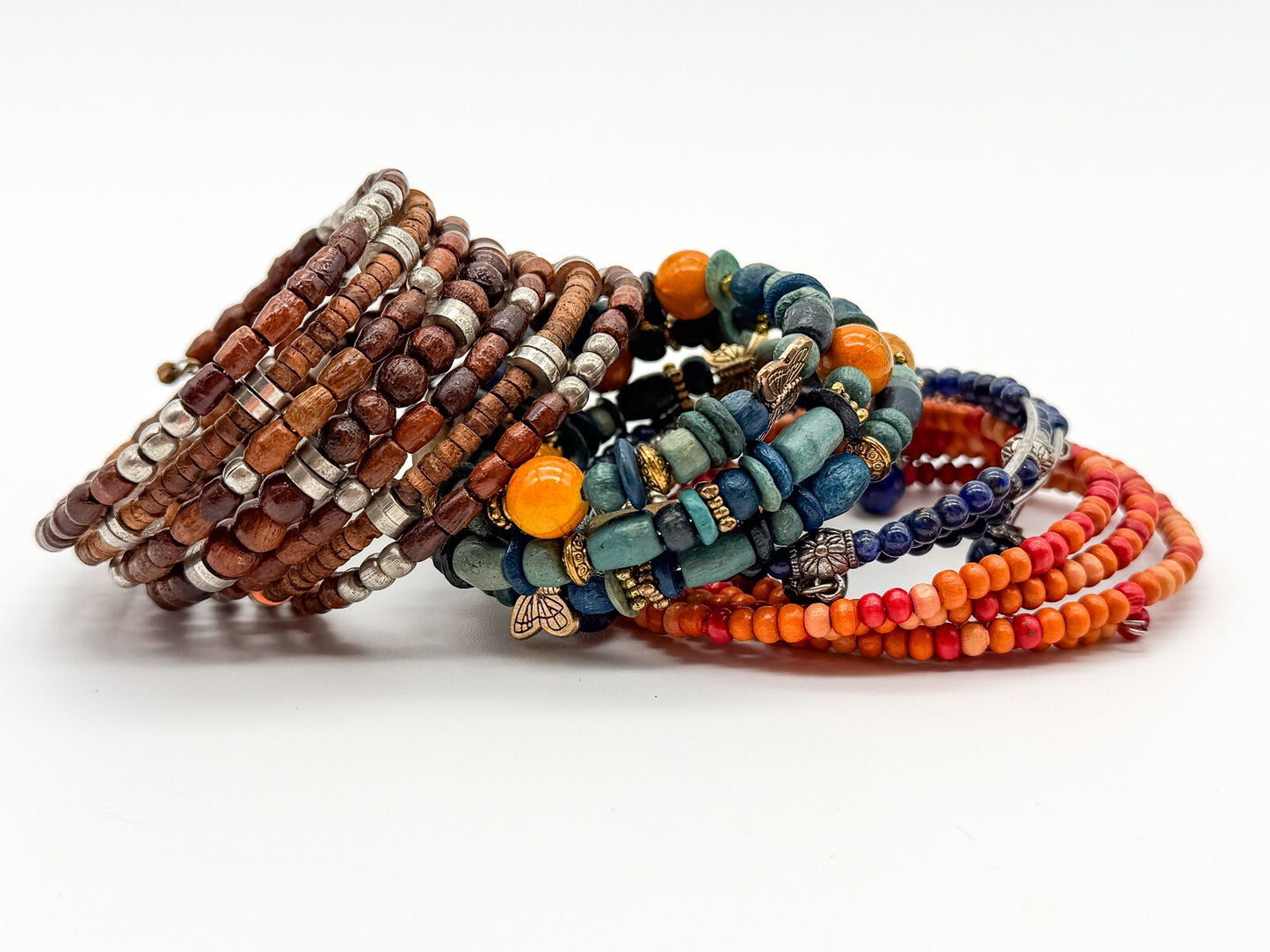 Boho Memory Wire Bracelet Bundle Set 4 Lapis Lazuli Wood Beaded Stack Bracelets