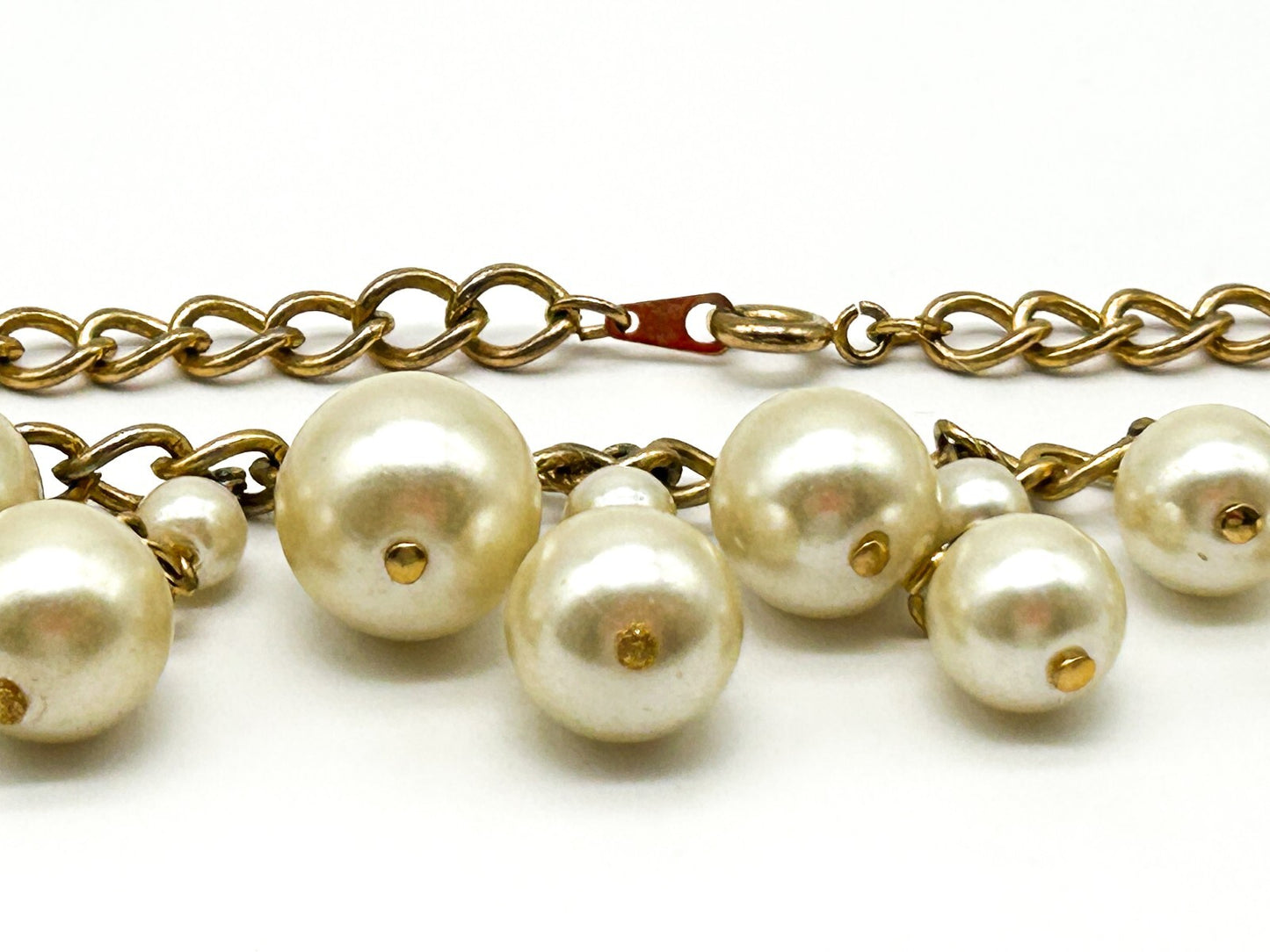 Vintage Gold Tone Faux Pearl Cha Cha Bib Necklace Statement Necklace 17.5” Retro