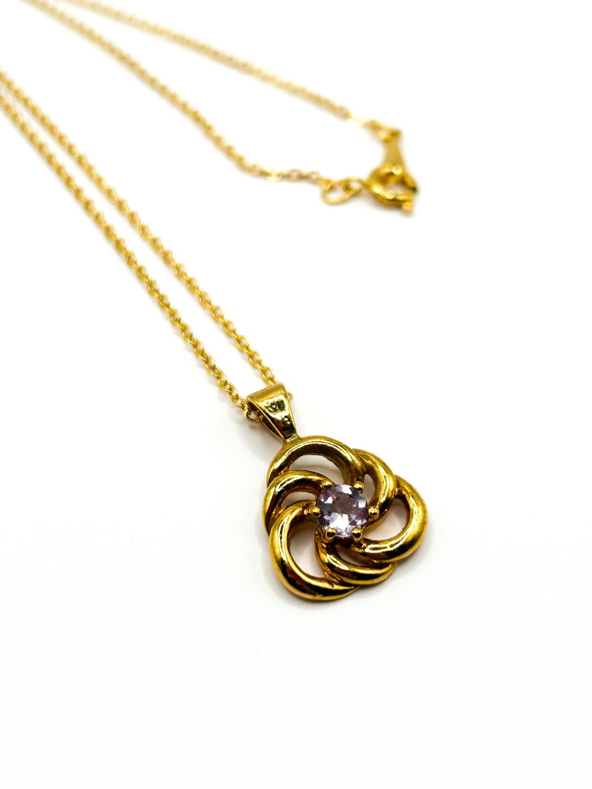 Amethyst Gemstone Swirl Pendant Necklace Gold Tone Fine Chain 17.5”