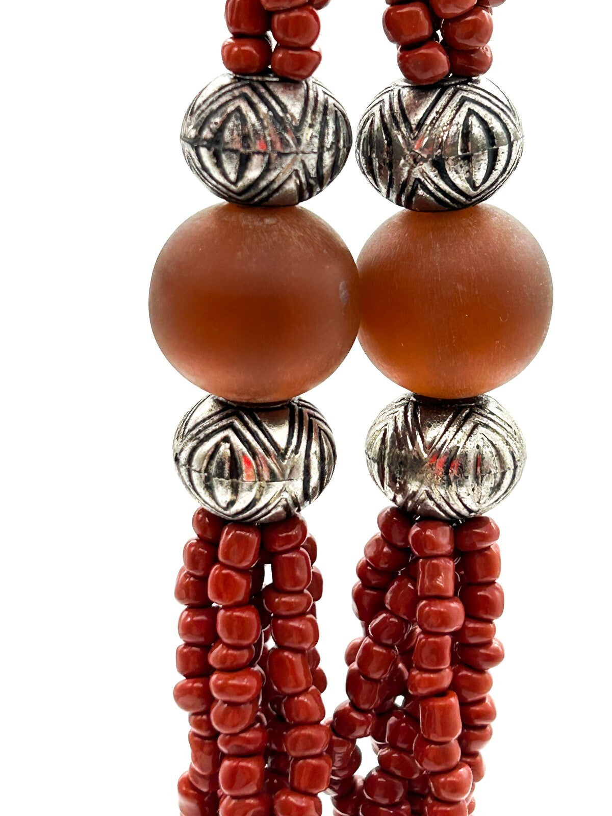 Vintage Tiger’s Eye Amber 6 Strand Tassel Necklace Red Glass Boho Statement