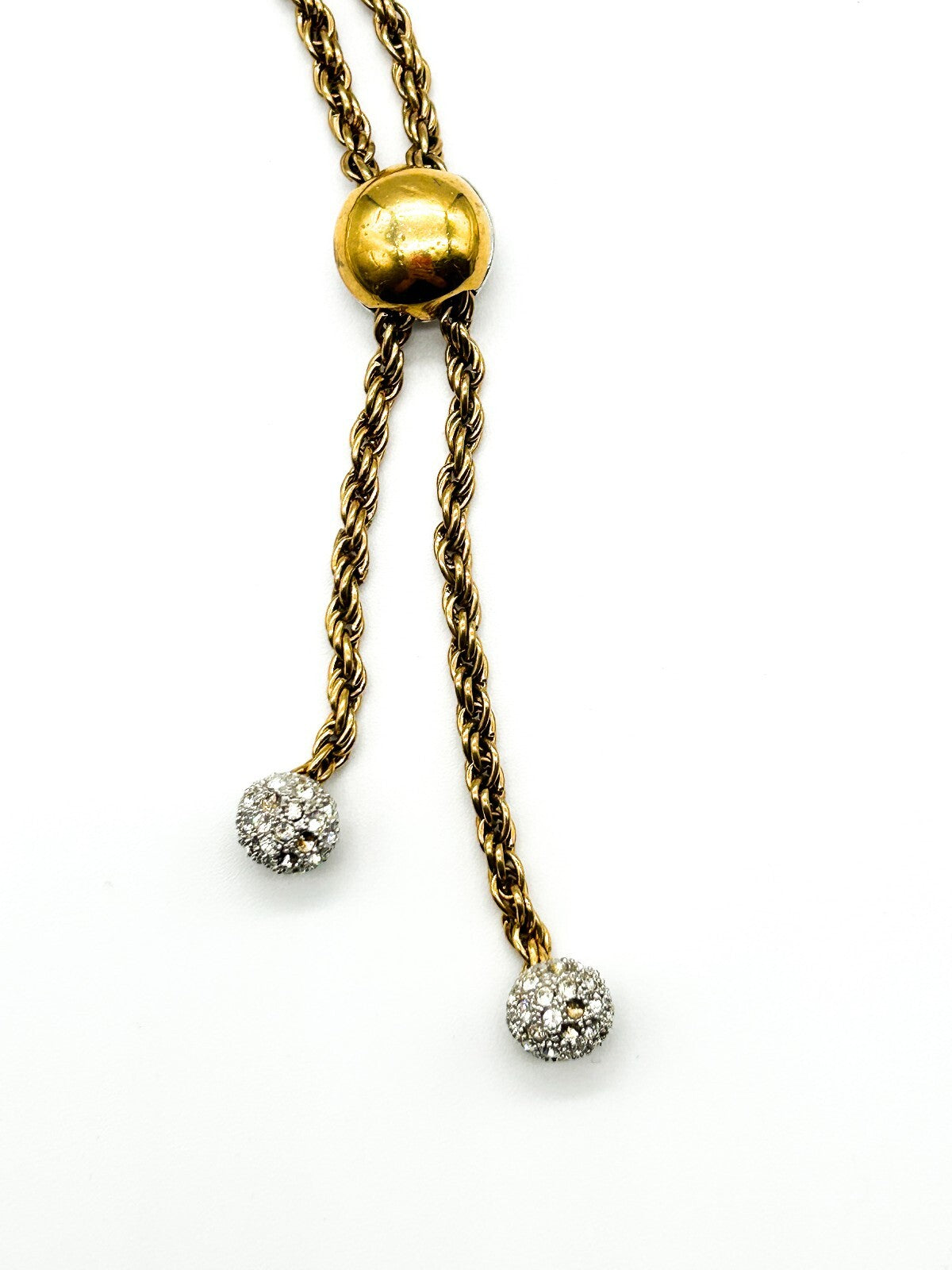Vintage Gold Tone Rhinestone Bolo Necklace Twisted Rope Chain Adjustable Tassel