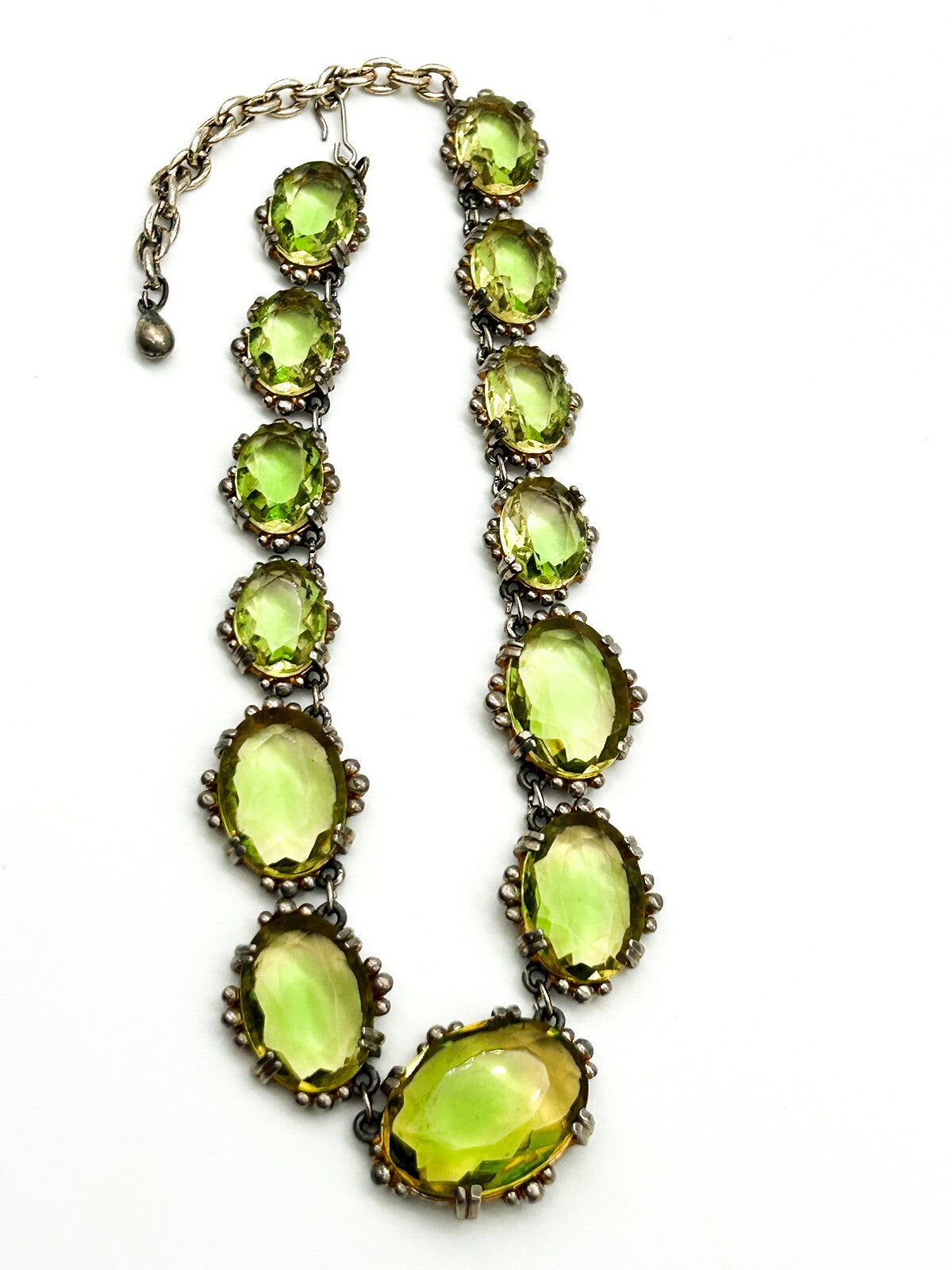 Vintage Lime Green Yellow Faceted Glass Statement Necklace Prong Oval Crystal