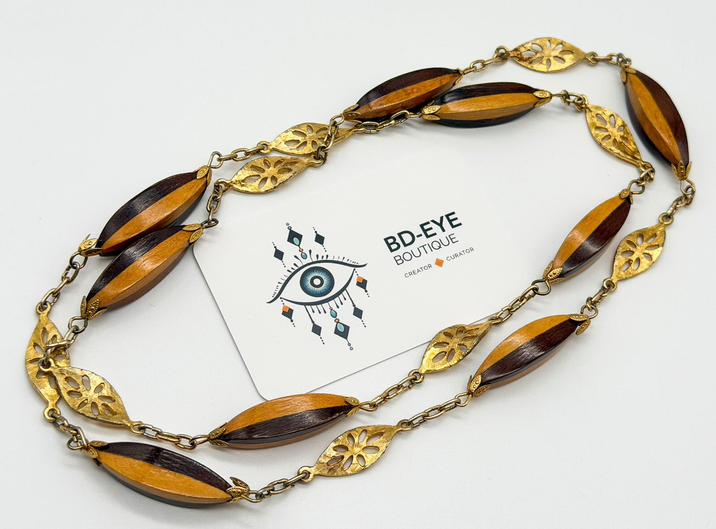 Vintage Two Tone Wood Necklace Gold Tone Openwork Floral Links Long