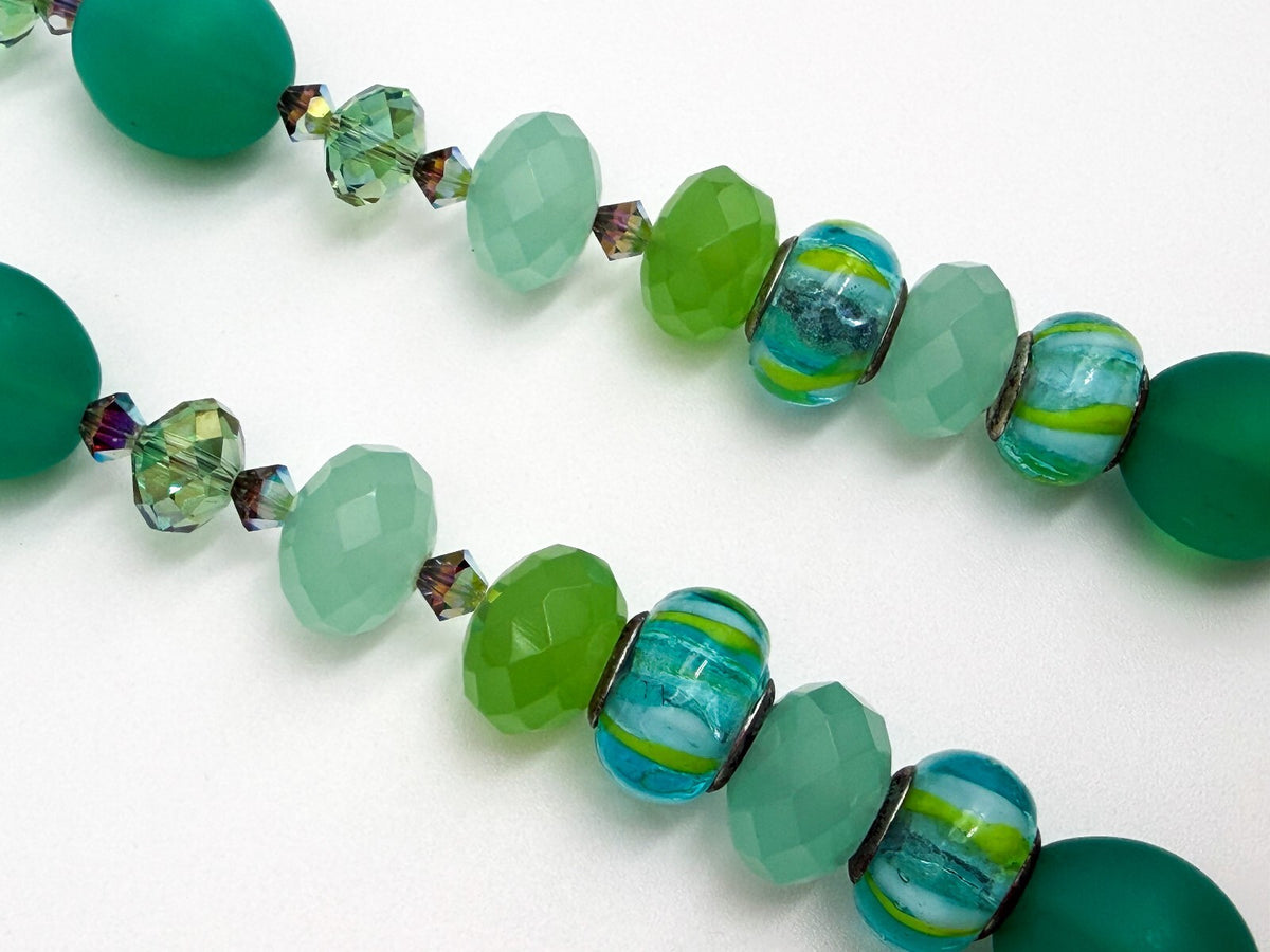 Frosted Green Glass Necklace Earrings Set Lampwork Beads Toggle Clasp Statement