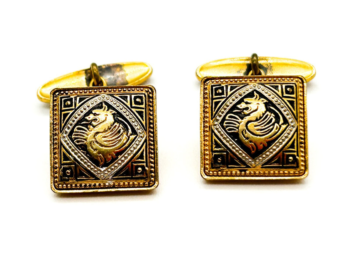 Vintage Toledo Damascene Dragon Cufflinks Gold Plated Spanish Cuff Links