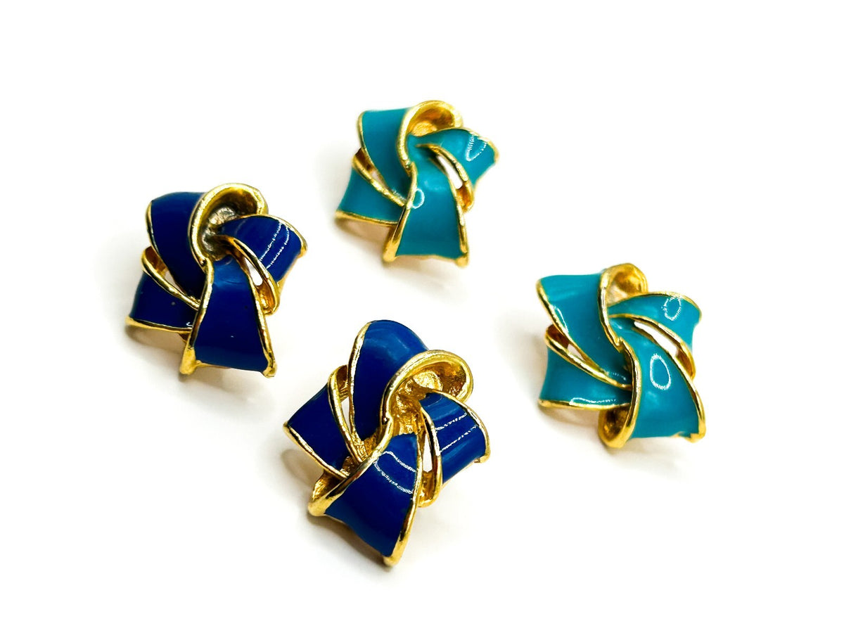 Vintage Blue Enamel Ribbon Knot Stud Earrings Gold Tone Cobalt Turquoise