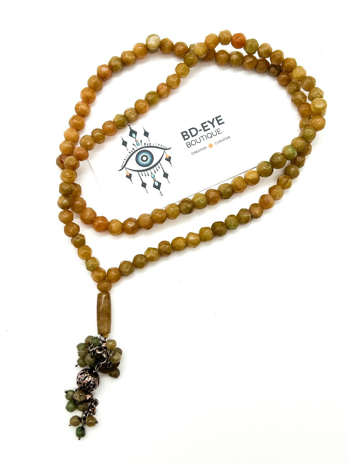 Vintage Yellow Jade Beaded Necklace Green Jade Tassel Pendant Gemstone