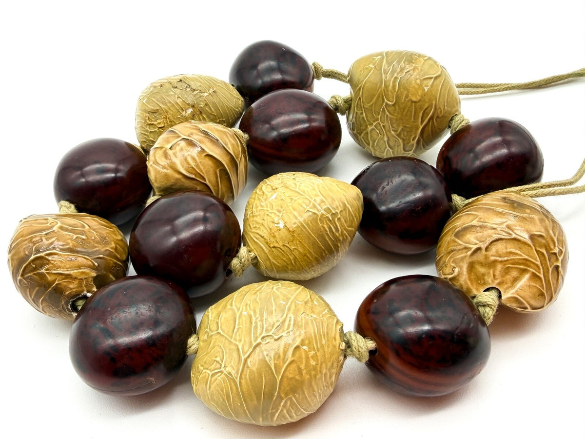 Kukui Nut Statement Necklace Brown Yellow Hand Knotted Adjustable Natural