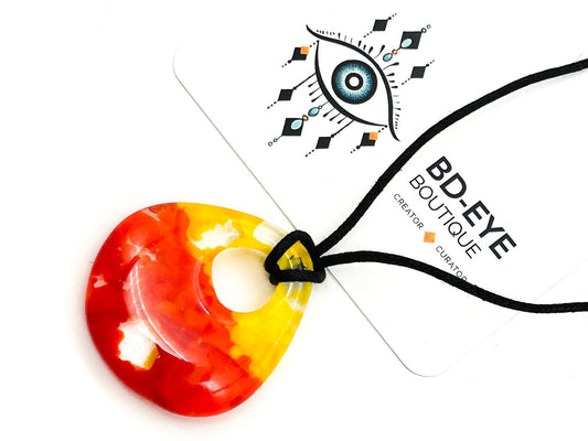 Art Glass Pendant Necklace Yellow Orange Abstract Glass Contemporary Black Cord