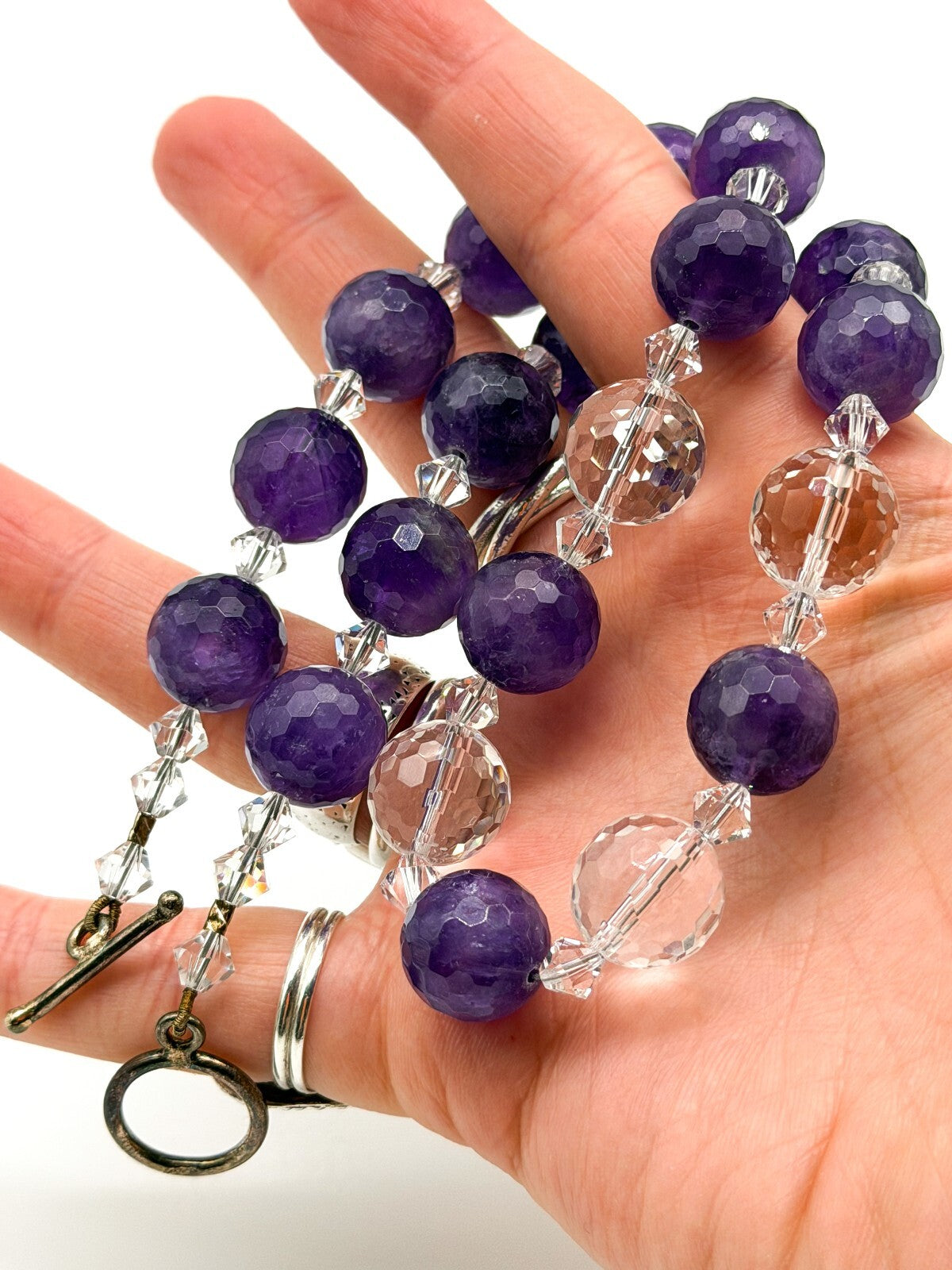 Amethyst Necklace Synthetic Spinel Faceted Crystal Glass 925 Silver Clasp