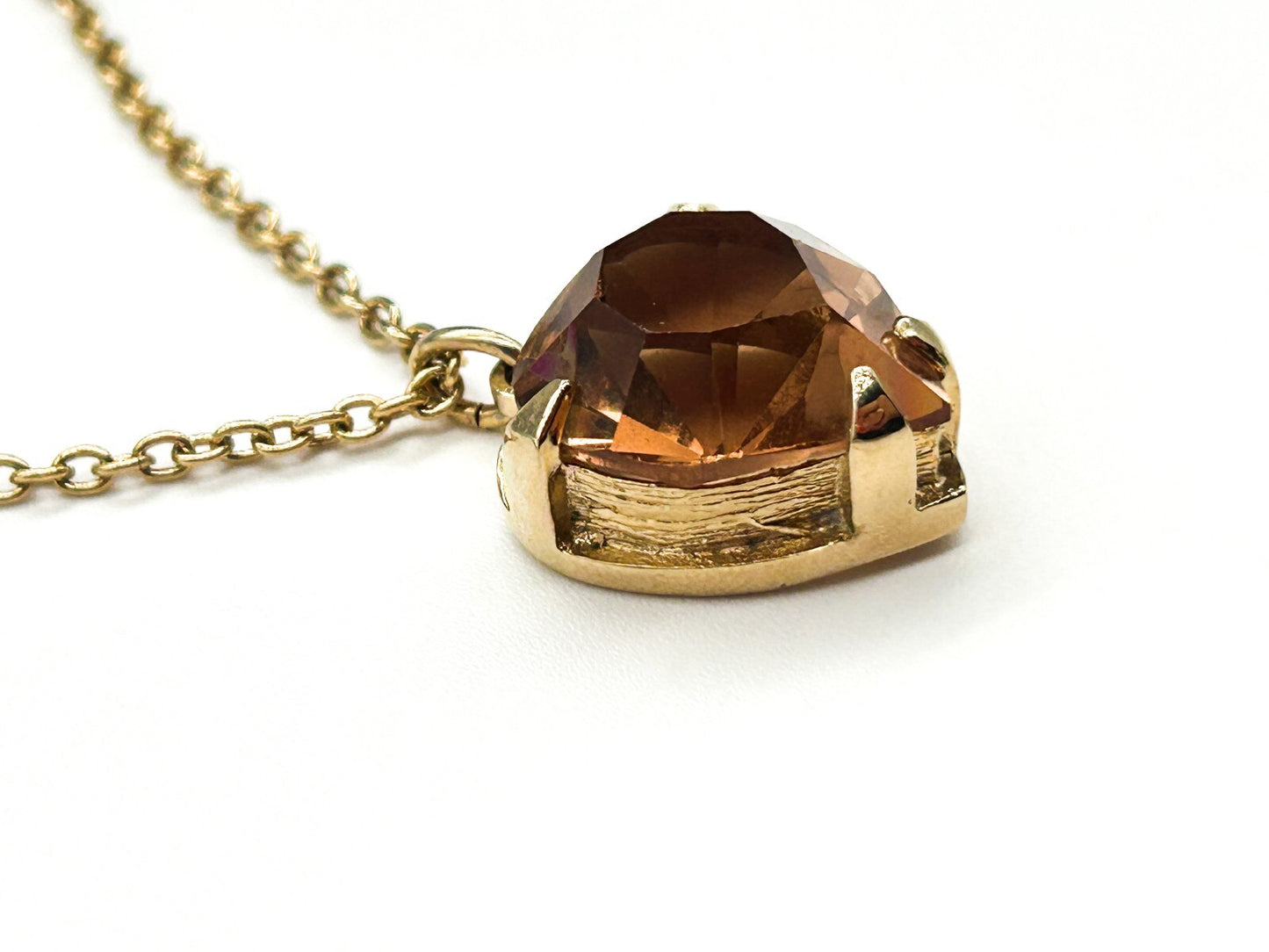 Vintage Gold Tone Smoky Amber Crystal Heart Pendant Necklace Faceted Glass 24”