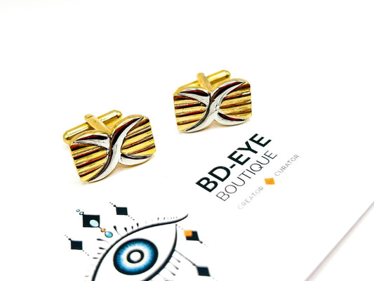 Vintage Two Tone Gold Silver Cufflinks Ridged Geometric Abstract Bullet Back